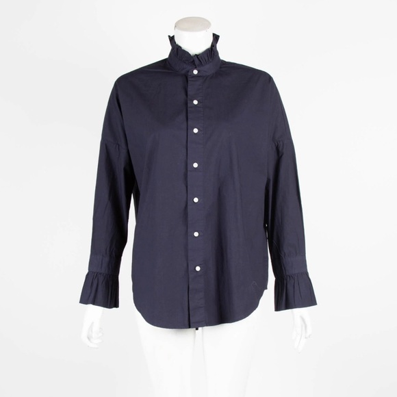 Alex Mill Navy Ruffle Neck Blouse Womens XS Cotton Elegant Trendy Button Up - Picture 1 of 8